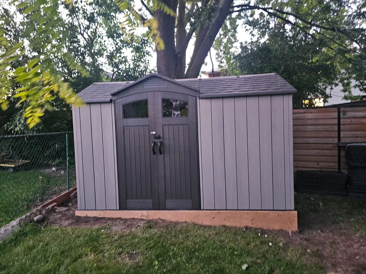 Shed on rough ground under a tree
