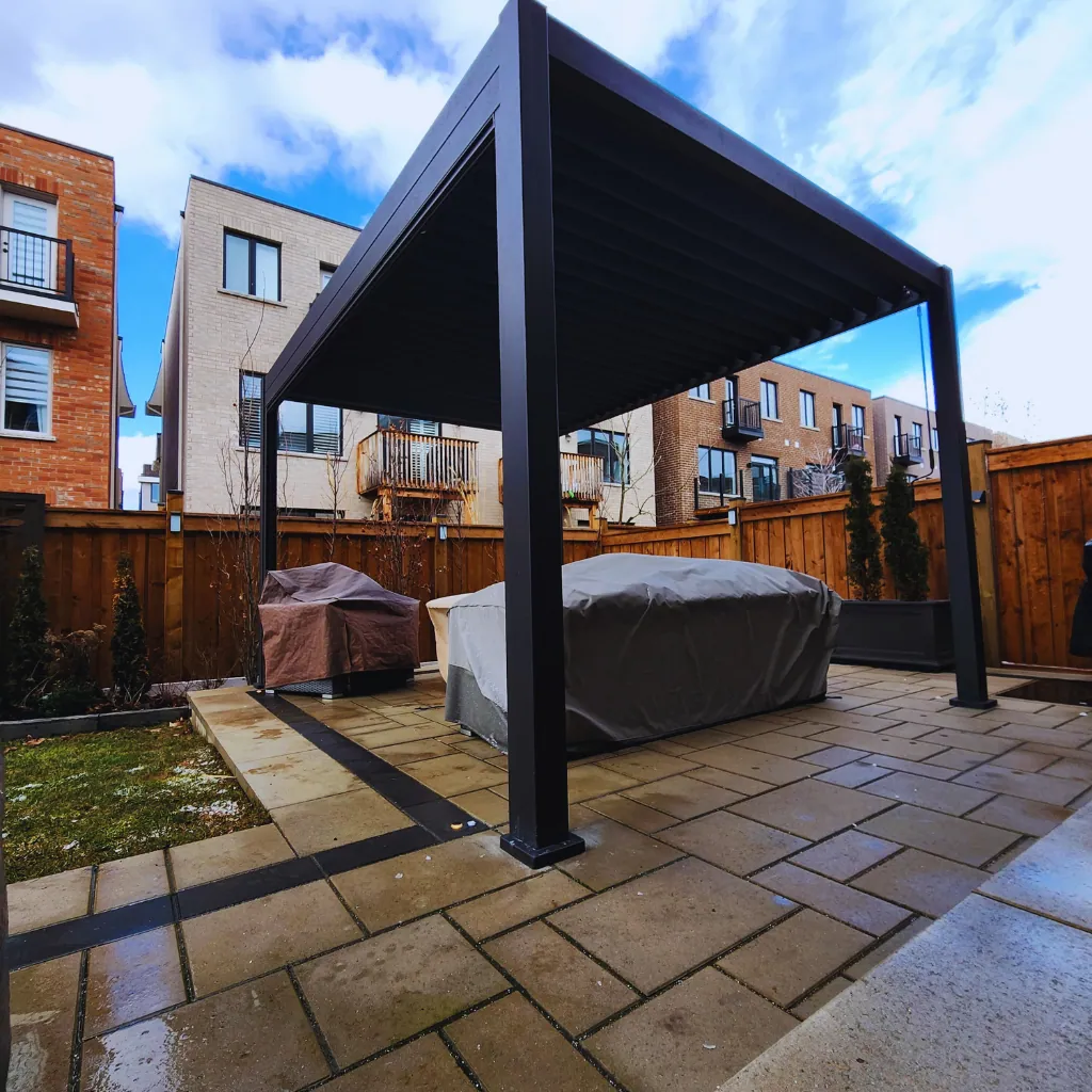 Louvered pergola with the roof system set and tested
