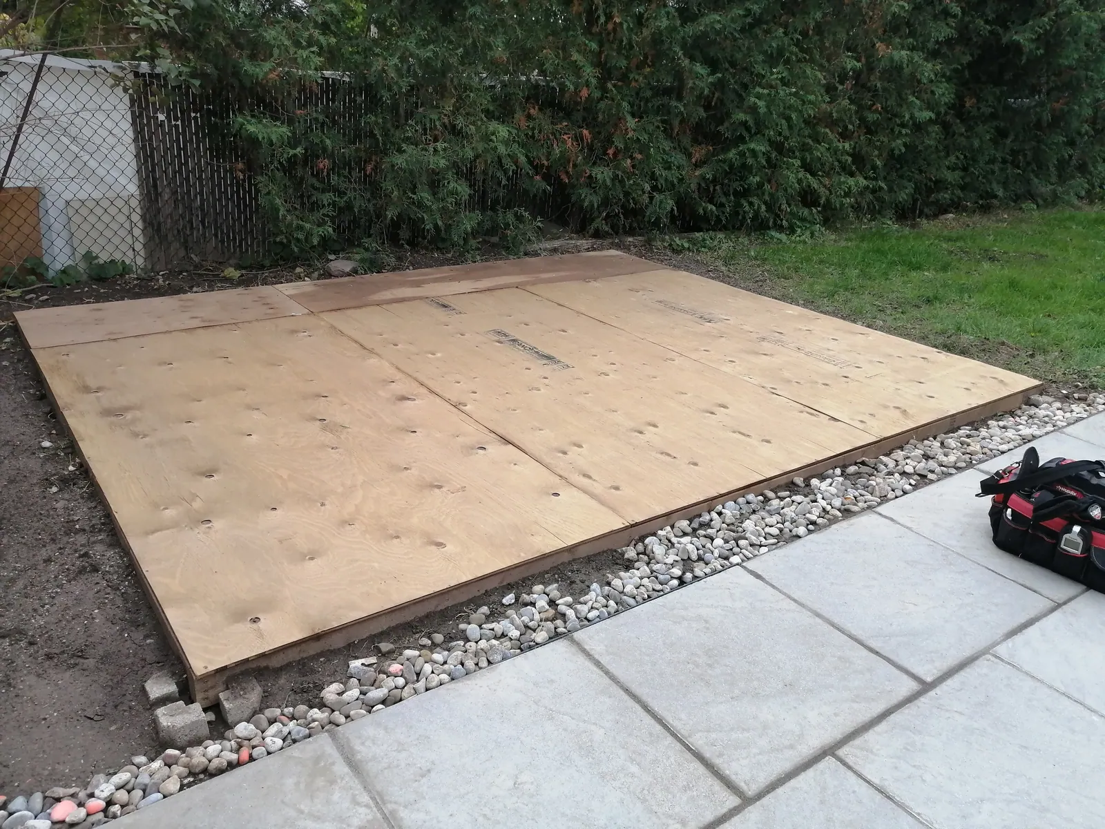 Completed wood base ready for a shed installation