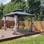 Hampton Bay Windfield gazebo fully assembled and installed in a backyard by Helperama in Toronto.